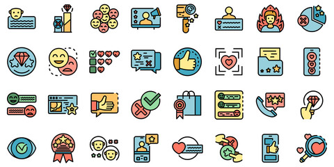 Product review icons set. Outline set of product review vector icons thin line color flat on white