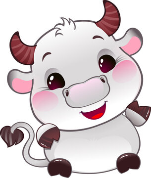 White Metal Ox - Symbol of Chinese Horoscope for New Year. Cute Ox Calf in cartoon style. Happy 2021 New Year card.