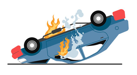 Burning car with damaged body, traffic accident or breakage