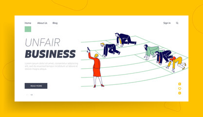 Obraz na płótnie Canvas Unfair Business Competition Landing Page Template. Men and Women Characters Stand in Low Start Posture Prepare to Run