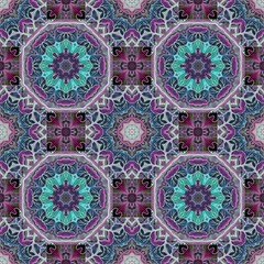 Intricate checkered pattern with mandalas in blue, purple and emerald tones. Tablecloth, home textiles, furniture upholstery, ceramic tiles.