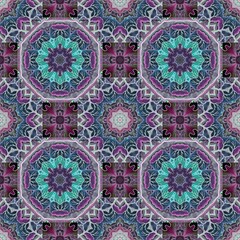 Intricate checkered pattern with mandalas in blue, purple and emerald tones. Tablecloth, home textiles, furniture upholstery, ceramic tiles.