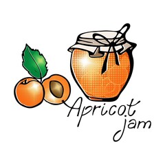 Image of a jar with jam, apricots and the inscription Apricot jam. Vector graphics.