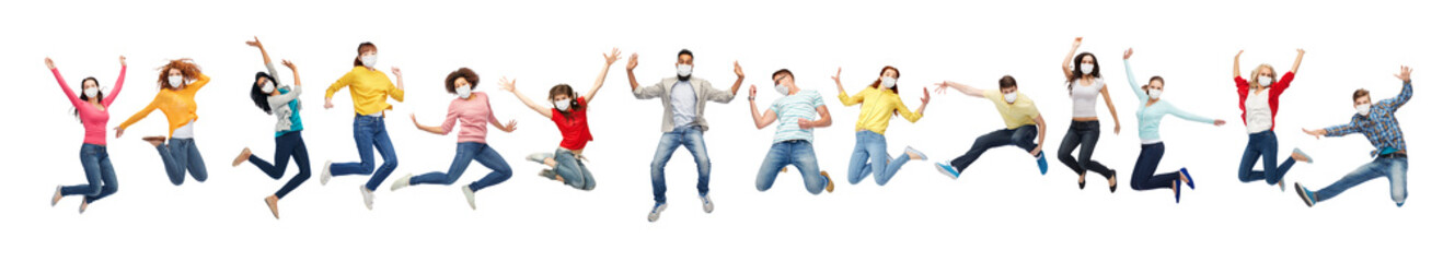 health and pandemic concept - people wearing face protective medical masks for protection from...