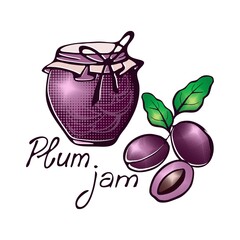 Image of a jar with jam, plums and the inscription Plum jam. Vector graphics.
