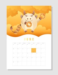 Calendar 2021 A4 format on June, month planner. Cute wealth bull, cheerful ox hold gold coins or yuan money among clouds. Lunar symbol year. Mascot of 2021. Vector stock illustration.