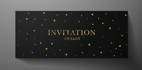 Premium invite VIP card template with black background and gold stars. Deluxe holiday pattern. Rich formal design for invitation event, luxury gift certificate, exclusive voucher