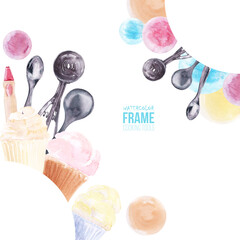 Watercolor frames with cupcakes, ice cream and cooking tools