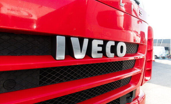 Logo Name On Red Truck Front Close Up