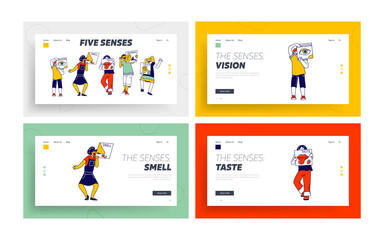 Obraz na płótnie Canvas Five Senses Human Perception Landing Page Template Set. Characters Hold Cards Vision, Smell, Taste, Hearing and Touch