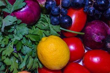 Background of vegetables different fresh farm vegetables. Food or Healthy diet concept. Composition with assorted raw organic vegetables. detox diet: lemon, tomato, pepper, cauliflower, apple, grape