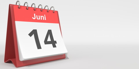 June 14 date written in German on the flip calendar page. 3d rendering