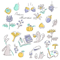 ナチュラルタッチの秋のイラストセット　手描き　線画　色数少なめ