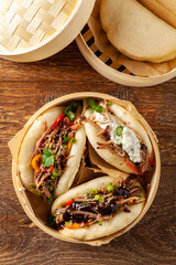 Pulled pork in a Bao Bao roll. Top view.