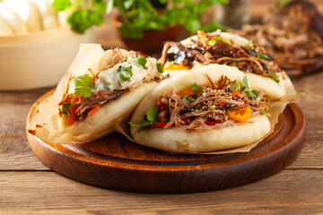 Pulled pork in a Bao Bao roll. Top view.