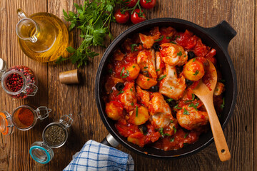 Traditionally prepared cod in Spanish. Served in tomato sauce with boiled potatoes, olivki and basil. Top view.