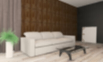 Fototapeta na wymiar Unfocused, Blur phototography. living room. white leather sofa. big windows. walls made of wood panels.. 3D rendering