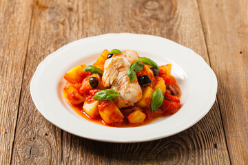 Traditionally prepared cod in Spanish. Served in tomato sauce with boiled potatoes, olivki and basil. Front view.