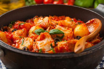 Traditionally prepared cod in Spanish. Served in tomato sauce with boiled potatoes, olivki and basil. Front view.