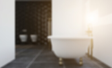 Naklejka na ściany i meble Bright new bathroom interior. 3D rendering.. Sunset.. Abstract blur phototography