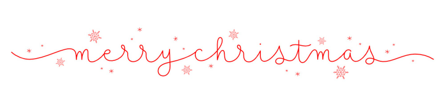 MERRY CHRISTMAS red vector monoline calligraphy banner with swashes and hand-drawn snowflakes