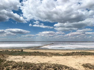 A beautiful pink salt lake with clouds reflecting in it. Fabulous landscape