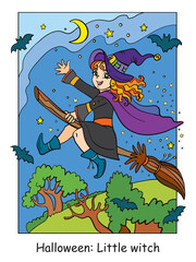 Colorful Halloween cute little witch flying on broom