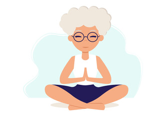 Senior woman in yoga lotus practices meditation. Yoga practice. Vector illustration in flat style. Old woman meditating