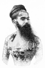 Annie Jones Elliot, the bearded woman. Famous American circus performer. 1865-1902. Antique illustration. 1891.