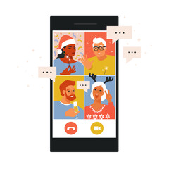 Diverse people dancing and chatting on the online video conference house party. Friends meeting up online. Party from home via videocall.