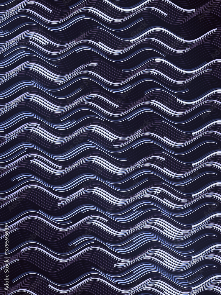 Aufkleber Wavy pattern with horizontal metallic glowing lines on dark surface 3d rendering