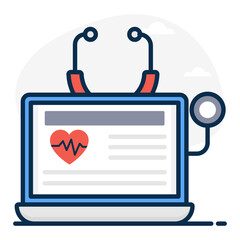 
Flat design of stethoscope with laptop, medical blog icon
