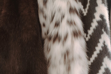 Blurred close up bunch of  natural fur coats with different patterns hanging in bunch, clearly visible texture. Stylish winter season clothing. 
