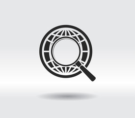 Earth with magnifying glass search icon, vector illustration. Flat design style