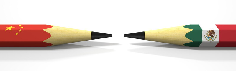 Flags of China and Mexico on the pencils, 3d rendering