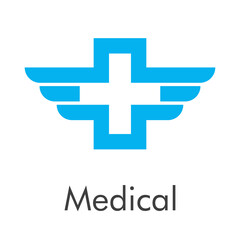 Obraz premium Concepto asistencia sanitaria. Emergencia. Logotipo con texto Medical con cruz lineal con alas en color azul