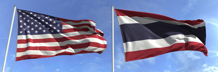 Flying flags of the USA and Thailand on sky background, 3d rendering