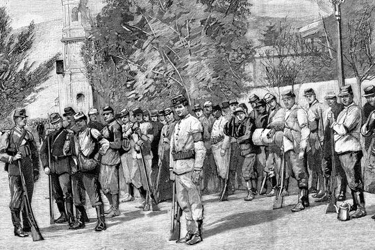Chilean war of 1891. Pisagua regiment of the congressional forces. Villa del Mar square, after the battles of Colmo and Placilla. Antique illustration. 1891.