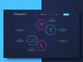 Vector graphics infographics with six options. Template for creating mobile applications, workflow layout, diagram, banner, web design, business reports with 6 steps.