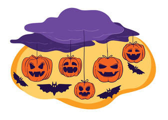 Halloween holiday celebration decor, clouds and pumpkins with bats