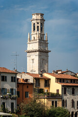Fototapeta premium Bell tower of the Verona Cathedral (Duomo of Santa Maria Matricolare, VIII-XII century) in Verona Downtown, UNESCO world heritage site, Veneto, Italy, Europe.