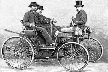 Birth of the automobile. Peugeot design, oil fueled car, invention of Peugeot and Daimmler, Antique illustration. 1891.