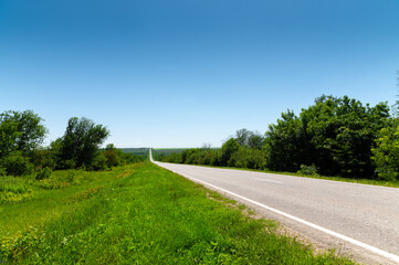 Country asphalt road in summer with green grass and trees on the roadsides against the blue sky. Sunny day background for transportation and transportation logistics companies