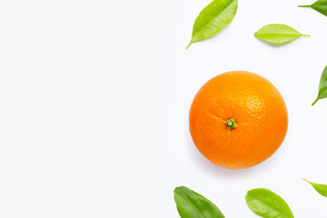 High vitamin C, JFresh orange fruit with green leaves  on whit