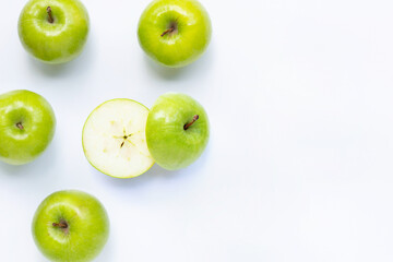 Green apples on white background. Copy space