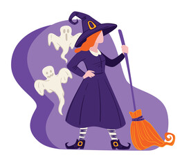 Halloween costume of witch and ghosts, holiday celebration