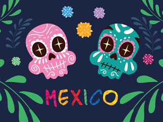 mexico label with mexican skulls, poster