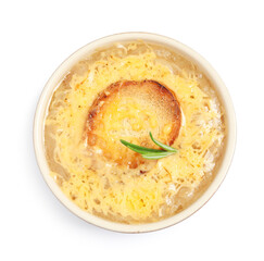 Tasty homemade french onion soup isolated on white, top view