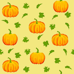 Vector seamless background pattern. Pumpkin, leaves