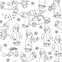 Cute Santa Clauses. Christmas background. Cartoon seamless pattern on white. Perfect for cover design templates, wallpaper, wrapping and textile.